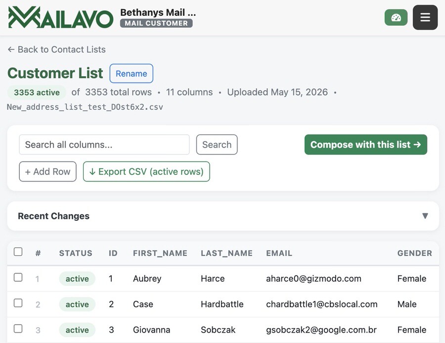Contact list upload screen with CSV preview table showing recipient names and addresses