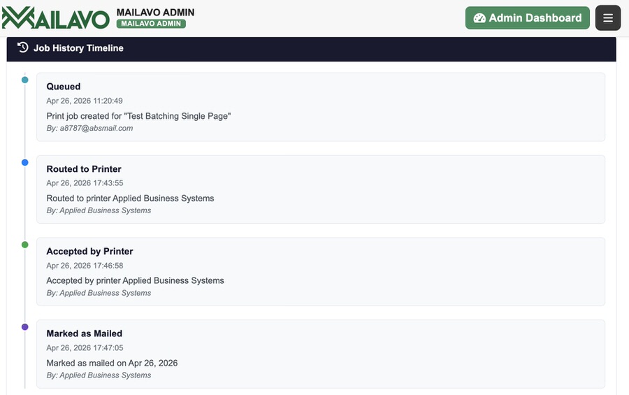 Job history and status list