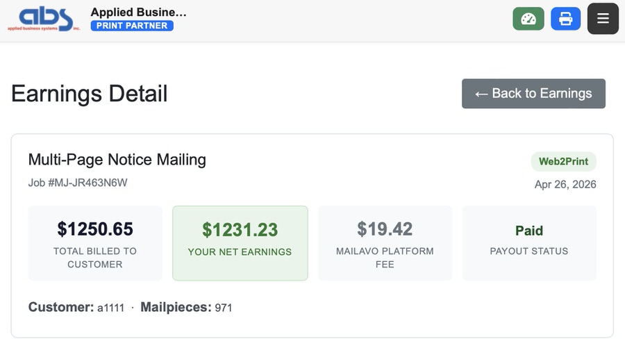 Printer earnings and payout summary